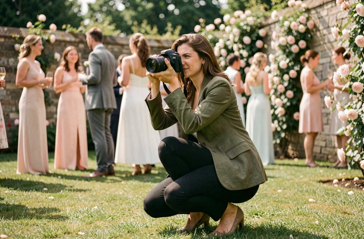 Photographe de mariage femme accroupie dans un jardin fleuri capturant un moment candide lors d'une réception en plein air