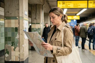 Femme consultant un plan RER imprimé sur un quai de gare parisienne souterraine