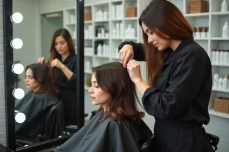 Femme aux pointes abîmées examinées par une coiffeuse professionnelle dans un salon moderne