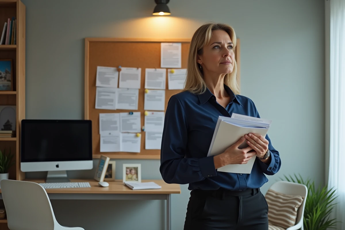 Femme en bureau préparant un dossier avec notes et lettres