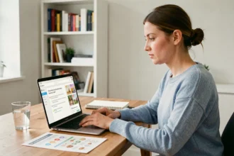 Femme utilisant un quiz nutritionnel en ligne sur ordinateur portable pour un programme minceur comme Leptithebdo