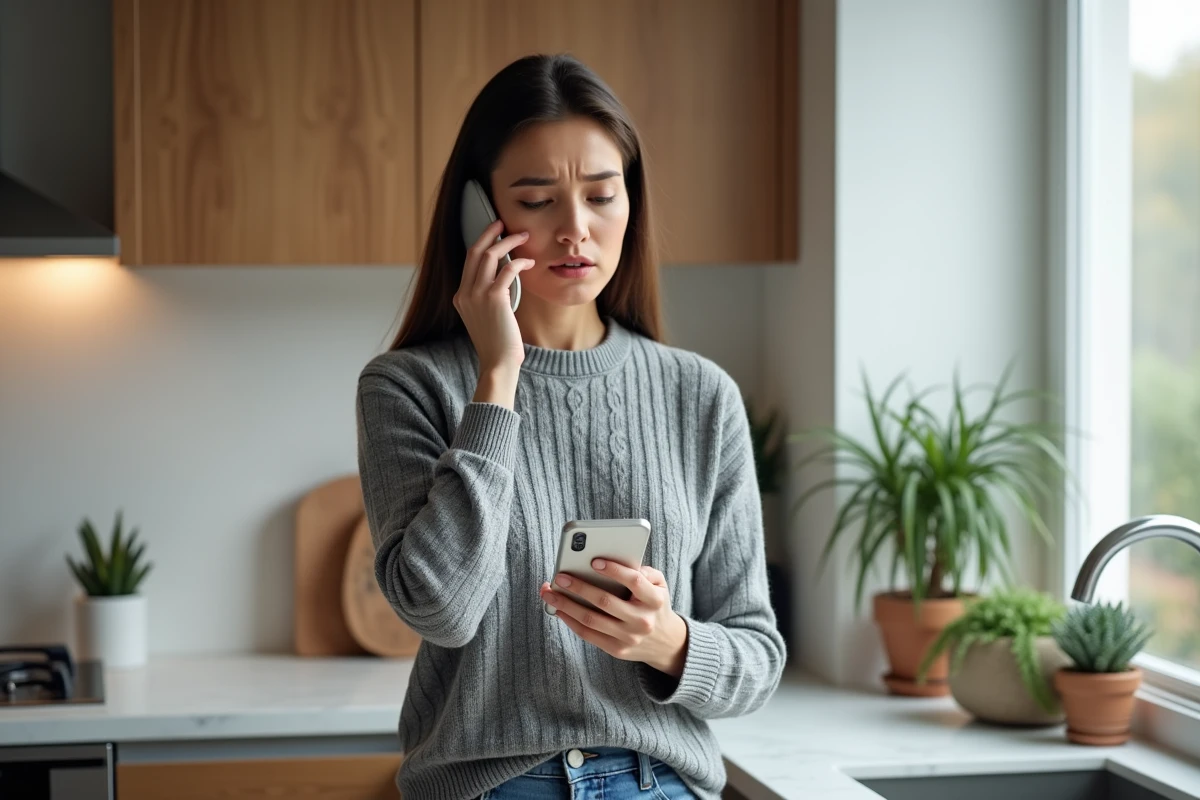 Femme frustrée tenant son téléphone à bout de bras après s'être fait raccrocher au nez