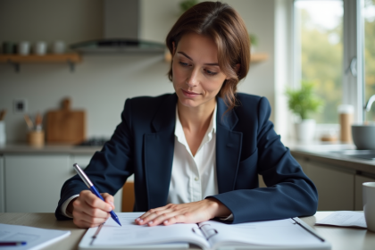 Femme réfléchissant avec un livret familial dans une cuisine lumineuse