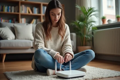Jeune femme connectant un câble fibre optique dans son salon