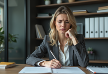Faire moins d’heures que prévu dans son contrat : comment réagir ? Femme en bureau examine un contrat de travail