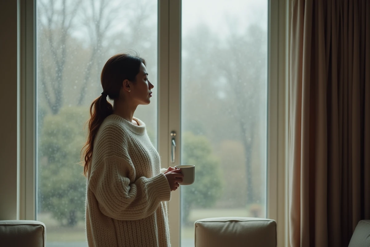 Femme pensive regardant par la fenêtre sous la pluie, tenant un café froid, symbolisant l'attente et le silence d'un partenaire narcissique