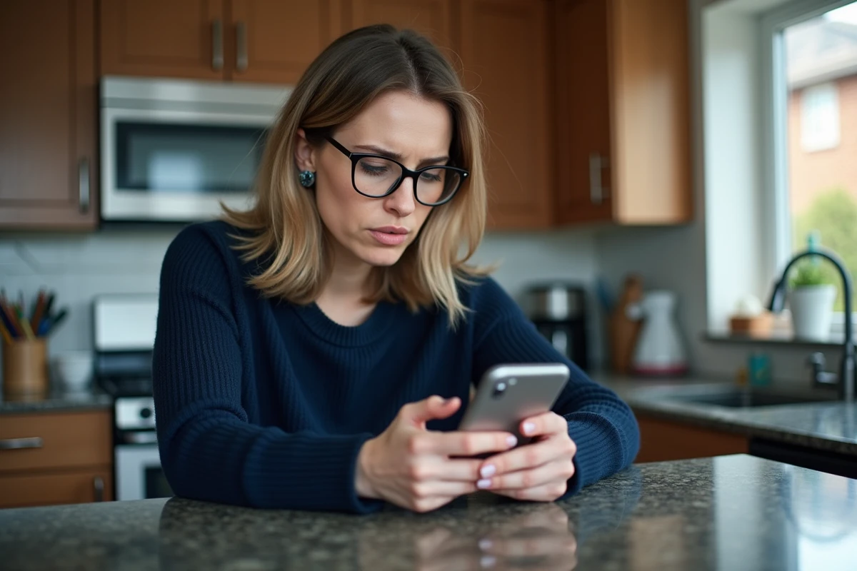 Femme frustrée utilisant un smartphone avec message d