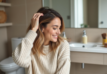 Comment choisir le meilleur soin pour donner du volume à vos cheveux fins? Femme appliquant un produit volumisant sur ses racines