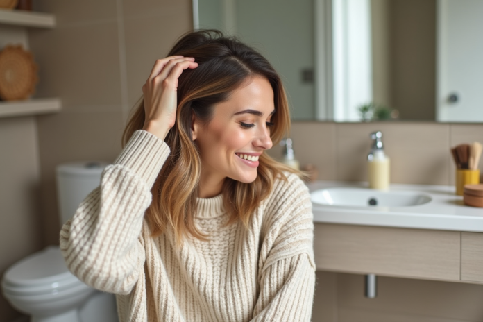 femme-soin-cheveux-volume Femme appliquant un produit volumisant sur ses racines