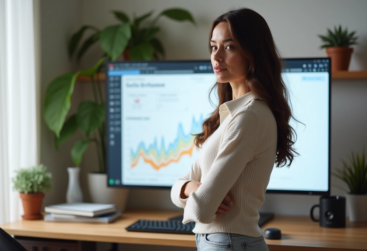 Femme regardant des graphiques SEO sur un grand écran dans un bureau à domicile