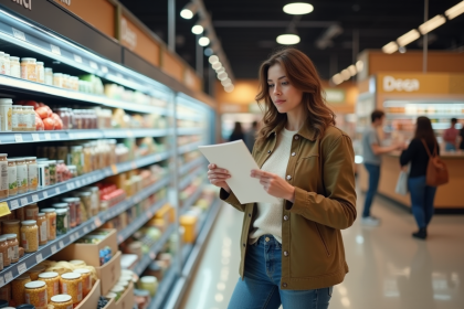 Femme comparant des produits dans un supermarche moderne