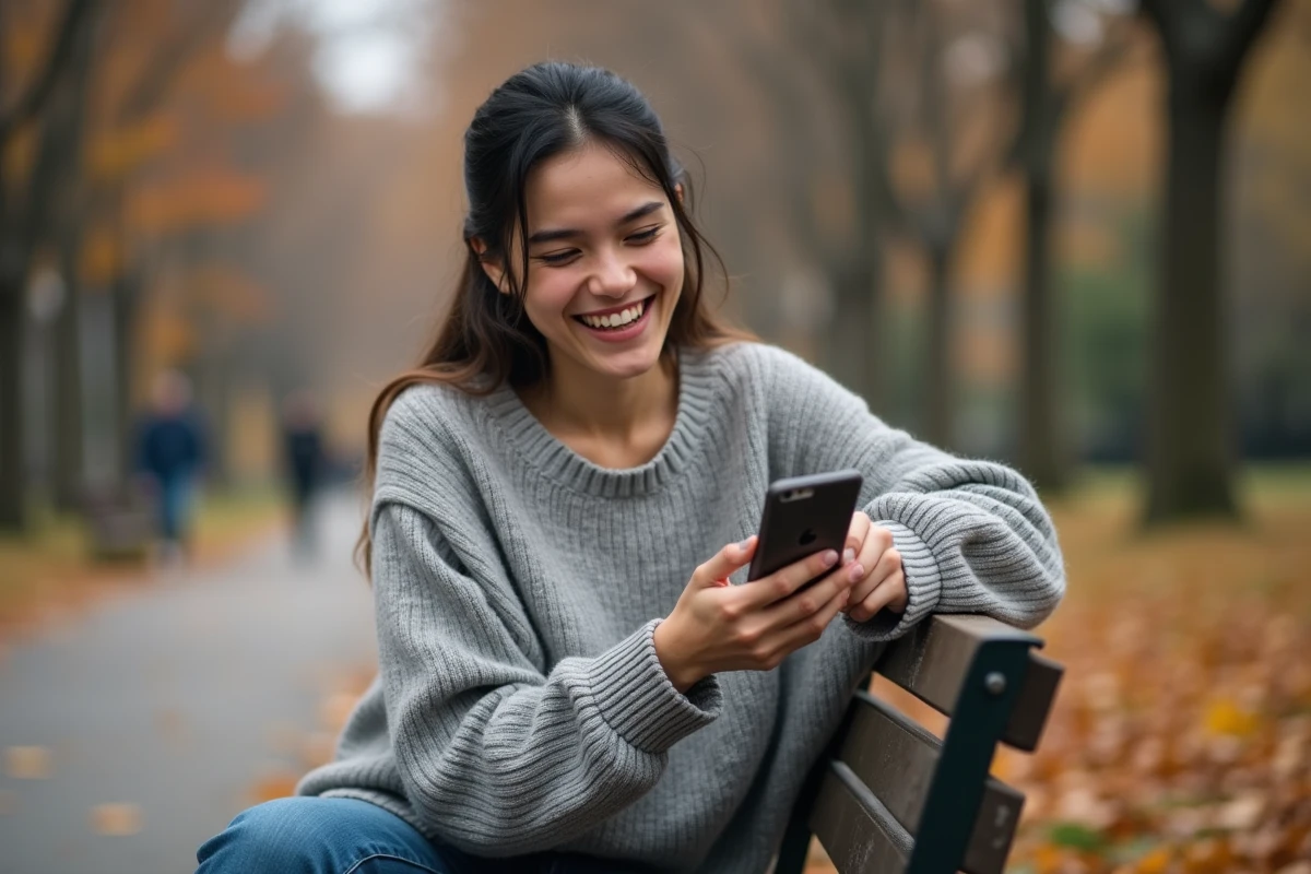 Jeune femme timide éclatant de rire seule sur un banc de parc en lisant une blague sur son téléphone