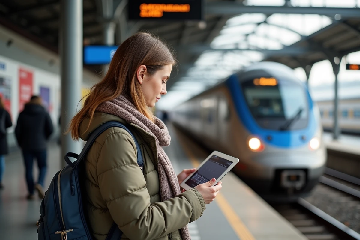 Jeune femme vérifiant un calendrier de vacances à la gare
