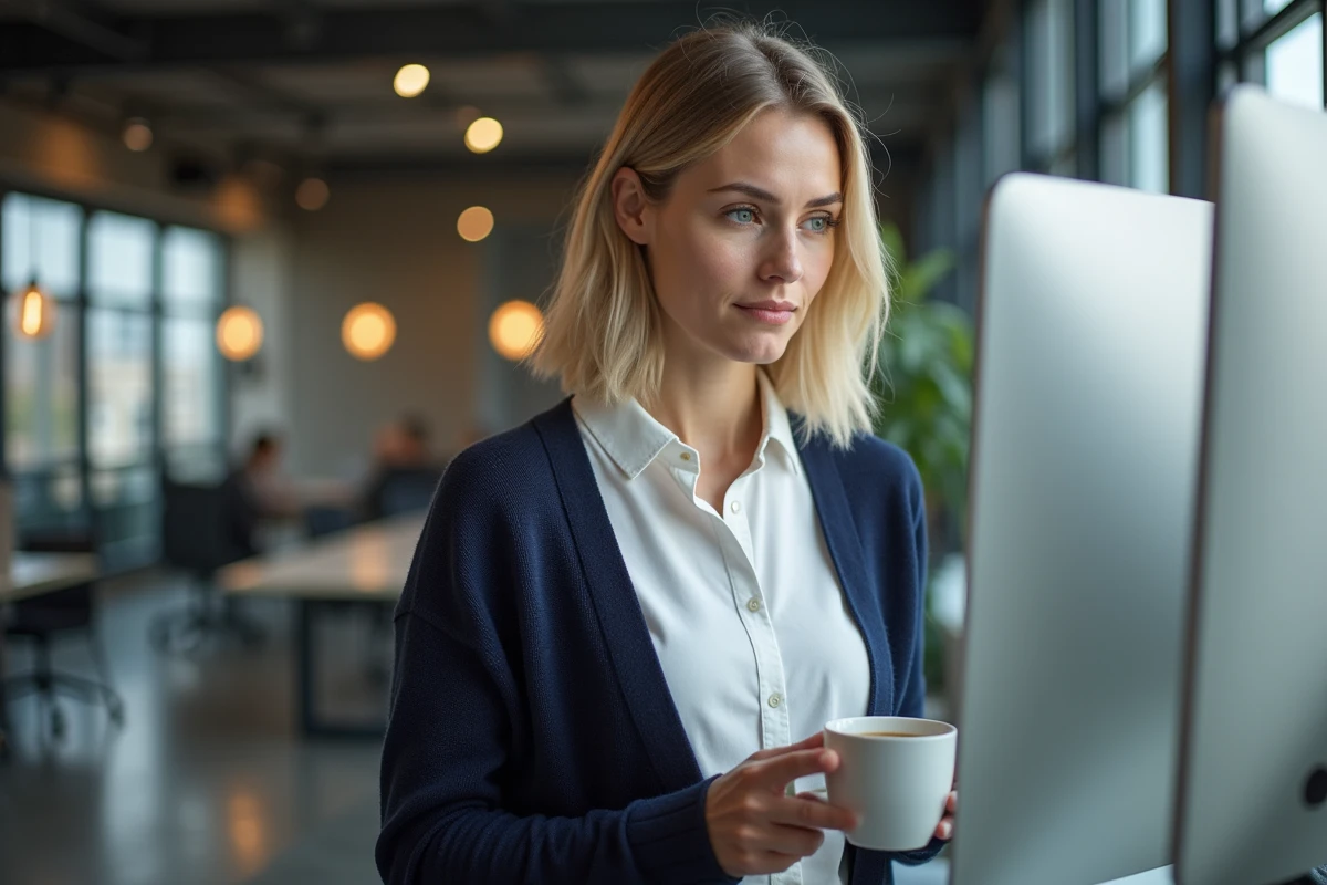 Femme en coworking regardant son écran d