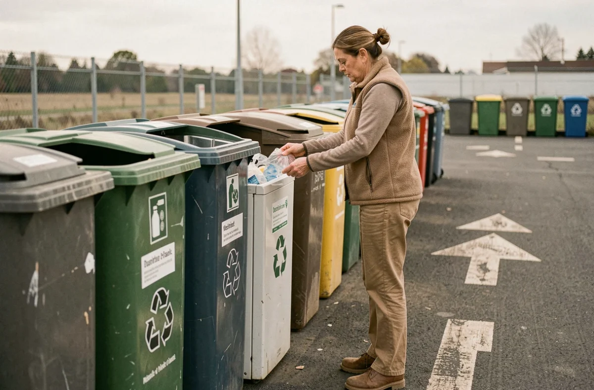 Une femme trie ses déchets seule dans une déchetterie calme en semaine pour éviter l'affluence