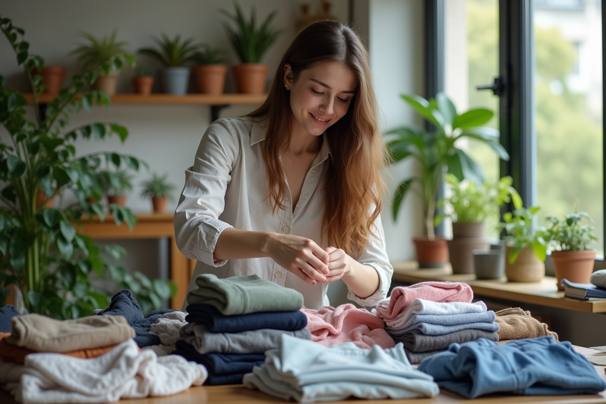Jeune femme triant des vêtements dans un appartement lumineux