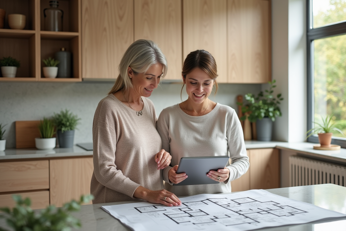 Deux femmes regardant un plan de maison sur une tablette dans une cuisine moderne