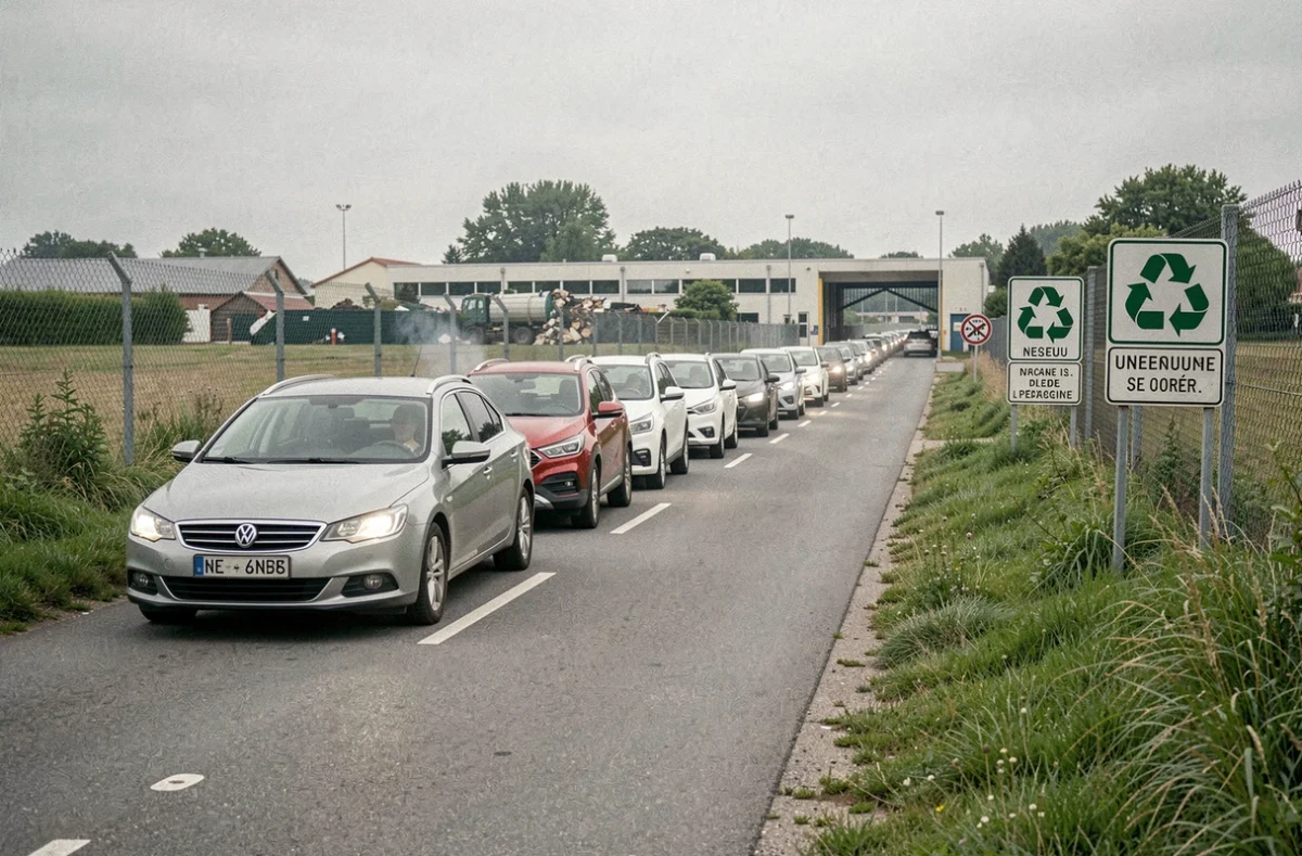 File d'attente de voitures devant l'entrée d'une déchetterie en période d'affluence le week-end