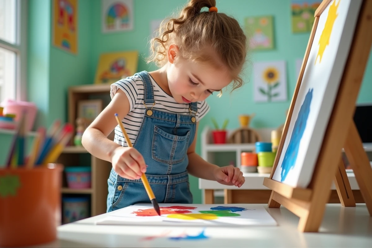 Jeune fille en activité artistique dans une classe lumineuse