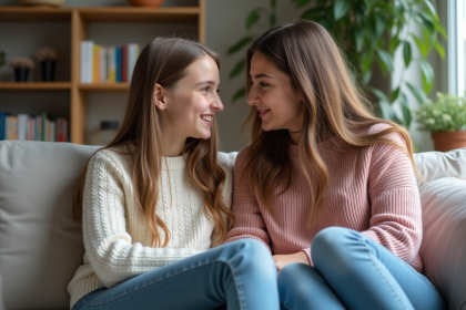 Fille adolescente et sa mère discutent sur un canapé
