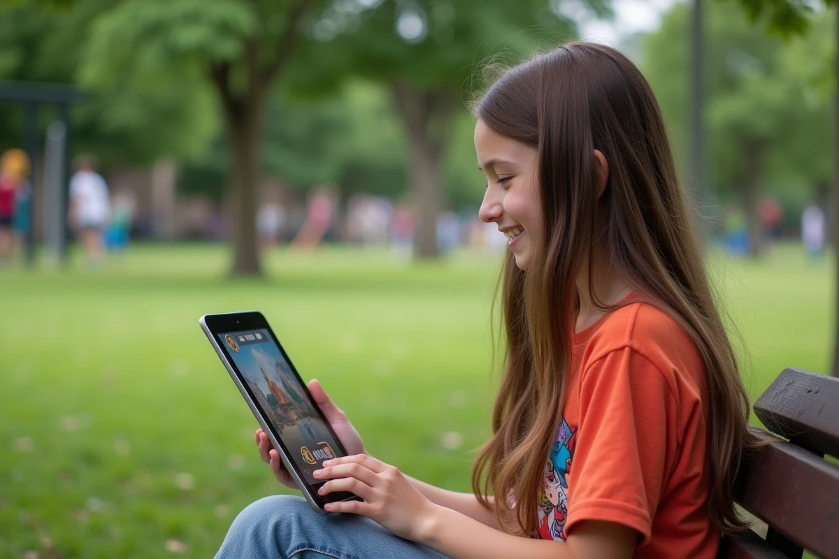 Jeune fille dans un parc jouant à dofus sur tablette