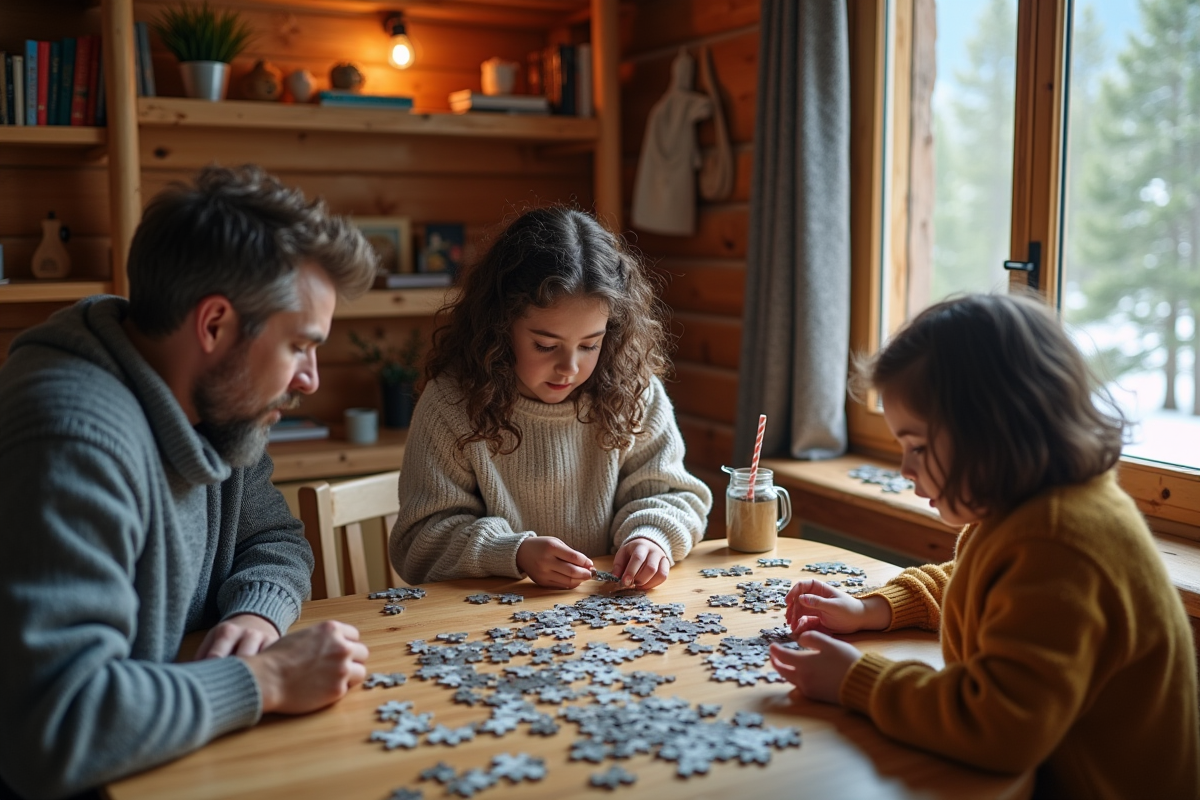 Fille et famille résolvent un puzzle dans un chalet