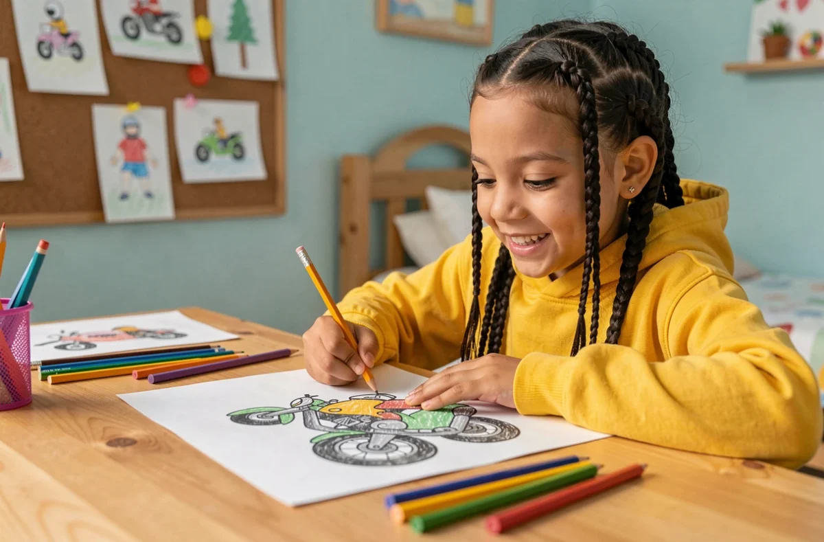 Fillette concentrée sur un coloriage de pilote de moto à son bureau, avec des crayons de couleur éparpillés