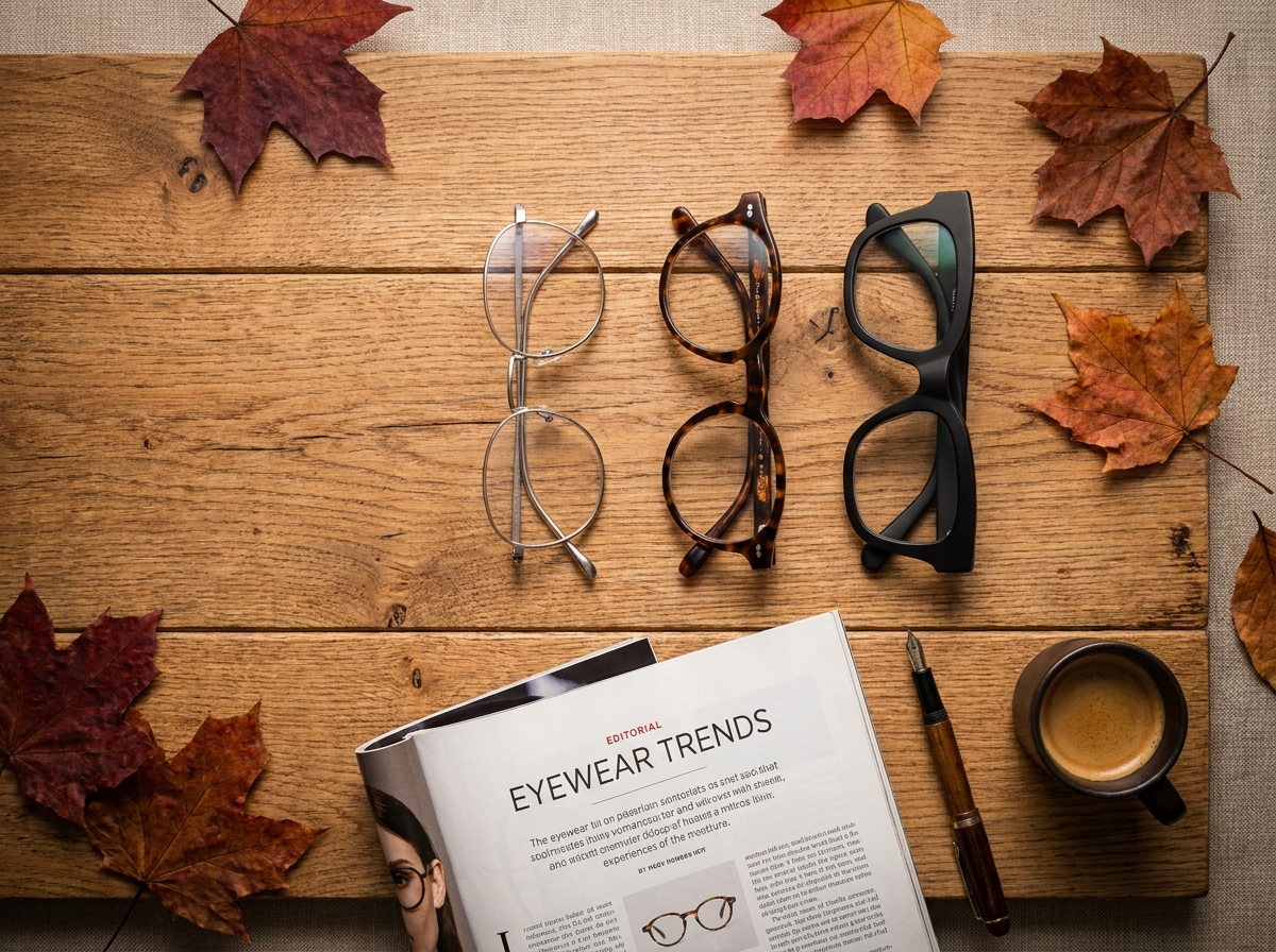Flat-lay éditorial de trois paires de lunettes aux styles variés entourées de feuilles d'automne et d'un magazine ouvert sur une table en chêne