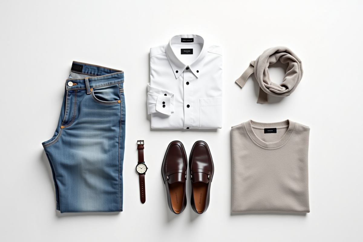 Arrangement plat de vêtements essentiels sur surface blanche