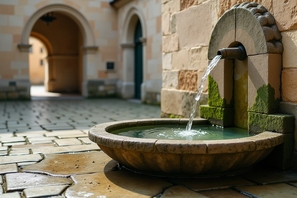 Fontaine en pierre ancienne dans une cour méditerranéenne, eau en écoulement lent et reflets calmes évoquant la profondeur symbolique de l'élément aquatique