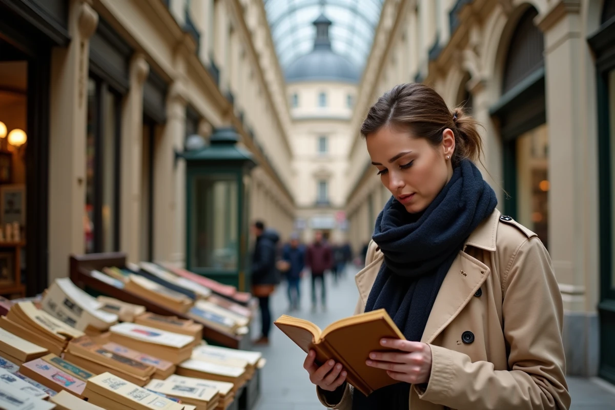 Femme feuilletant des livres anciens dans la Galerie Colbert à Paris, passage couvert du XIXe siècle avec coupole et décor néoclassique