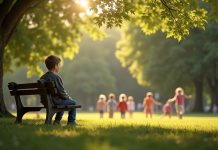 Jeune garçon seul sur un banc dans un parc ensoleille, regard pensif