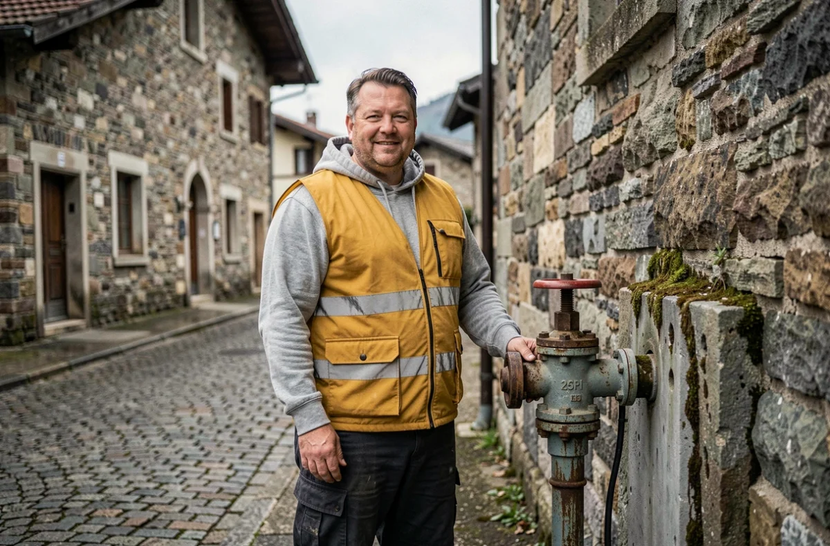 Giboudeaux Didier intervenant sur un branchement d'eau principal dans une rue pavée d'un village du Jura