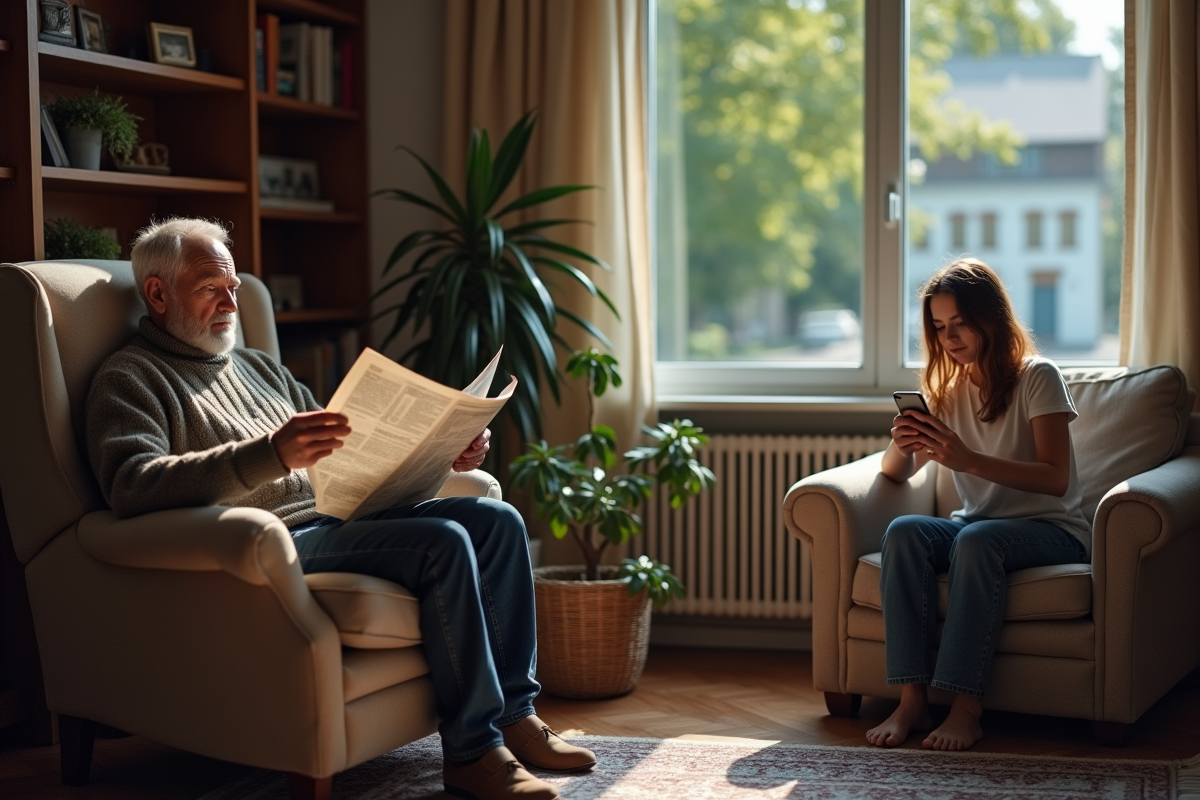 Grand-père âgé lisant un journal dans un salon