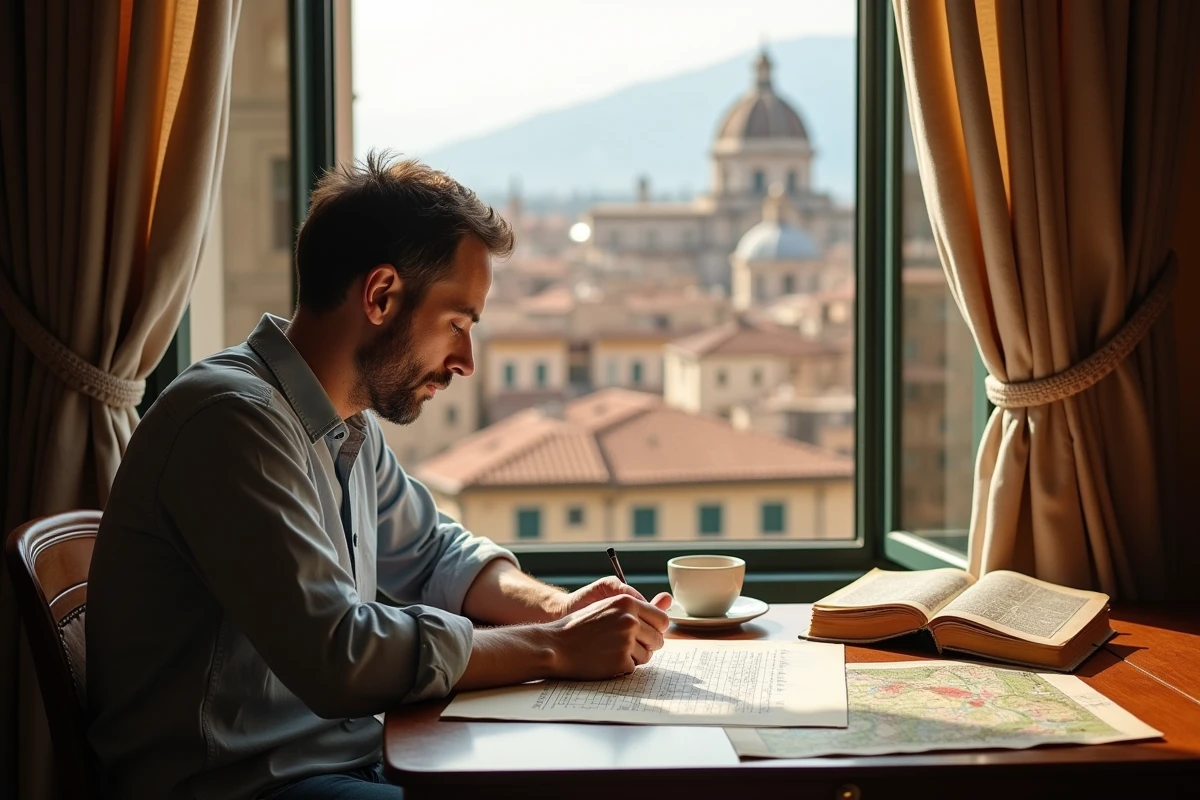 Homme résolvant une grille de mots croisés sur des villes italiennes à un bureau en bois avec vue sur les toits de tuiles rouges d'une ville italienne