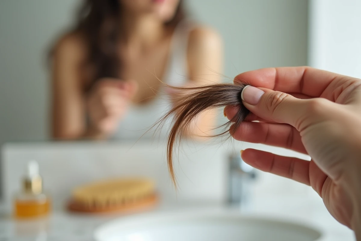 Gros plan sur des fourches et pointes cassantes dans les cheveux d'une femme tenues entre les doigts
