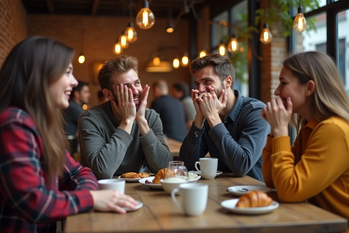 Groupe d'amis riant ensemble autour d'une table de café pendant qu'un homme raconte une blague avec humour
