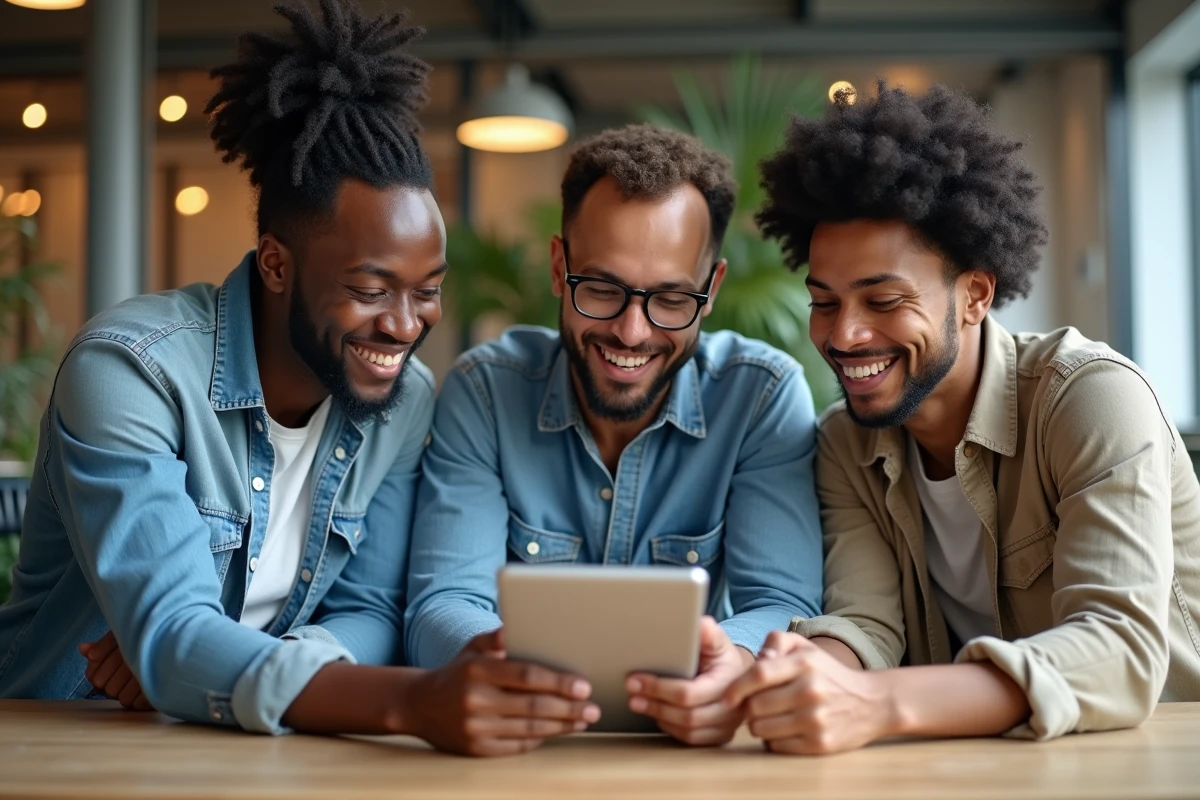 Groupe d'utilisateurs discutant des avis sur la plateforme Scoopium autour d'une tablette en coworking
