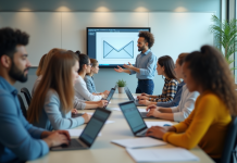 Groupe d'enseignants et étudiants dans une salle lumineuse