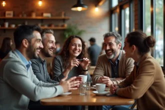 Groupe de personnes diverses riant ensemble autour d'une table de café lors d'une conversation animée sur l'humour et ses limites