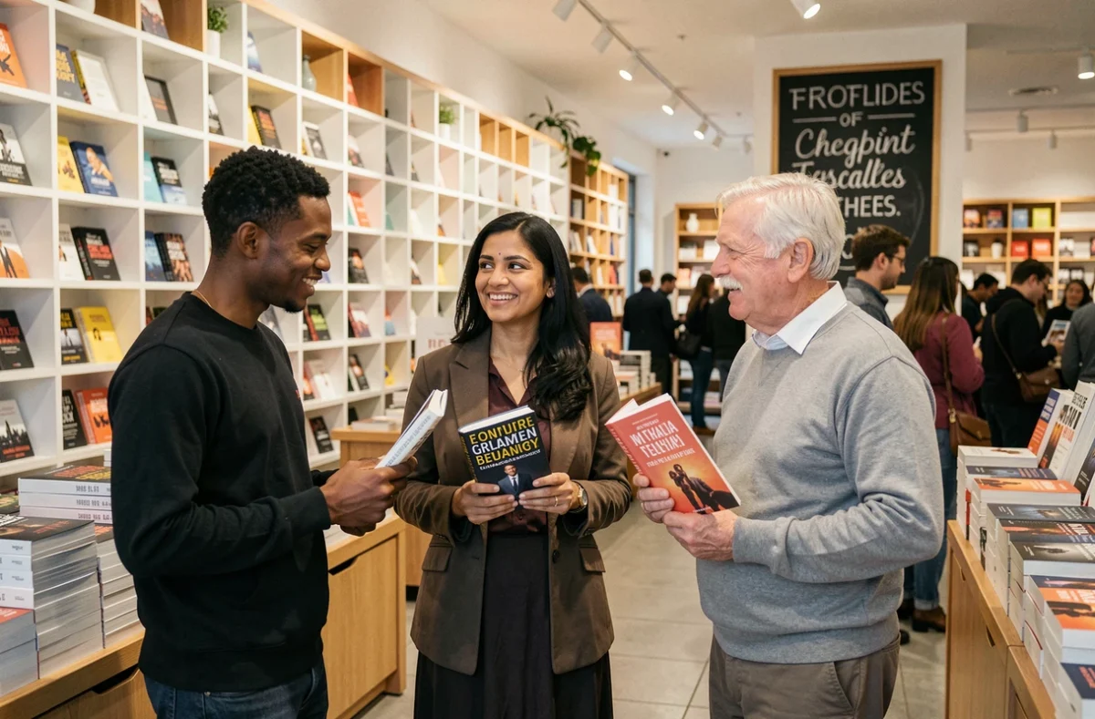 Trois adultes comparant différentes éditions d'un livre bestseller dans une librairie urbaine contemporaine aux étagères blanches