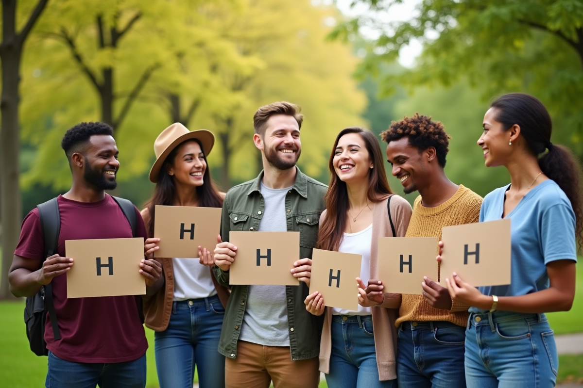 Groupe de personnes avec cartes en H dans un parc ensoleille