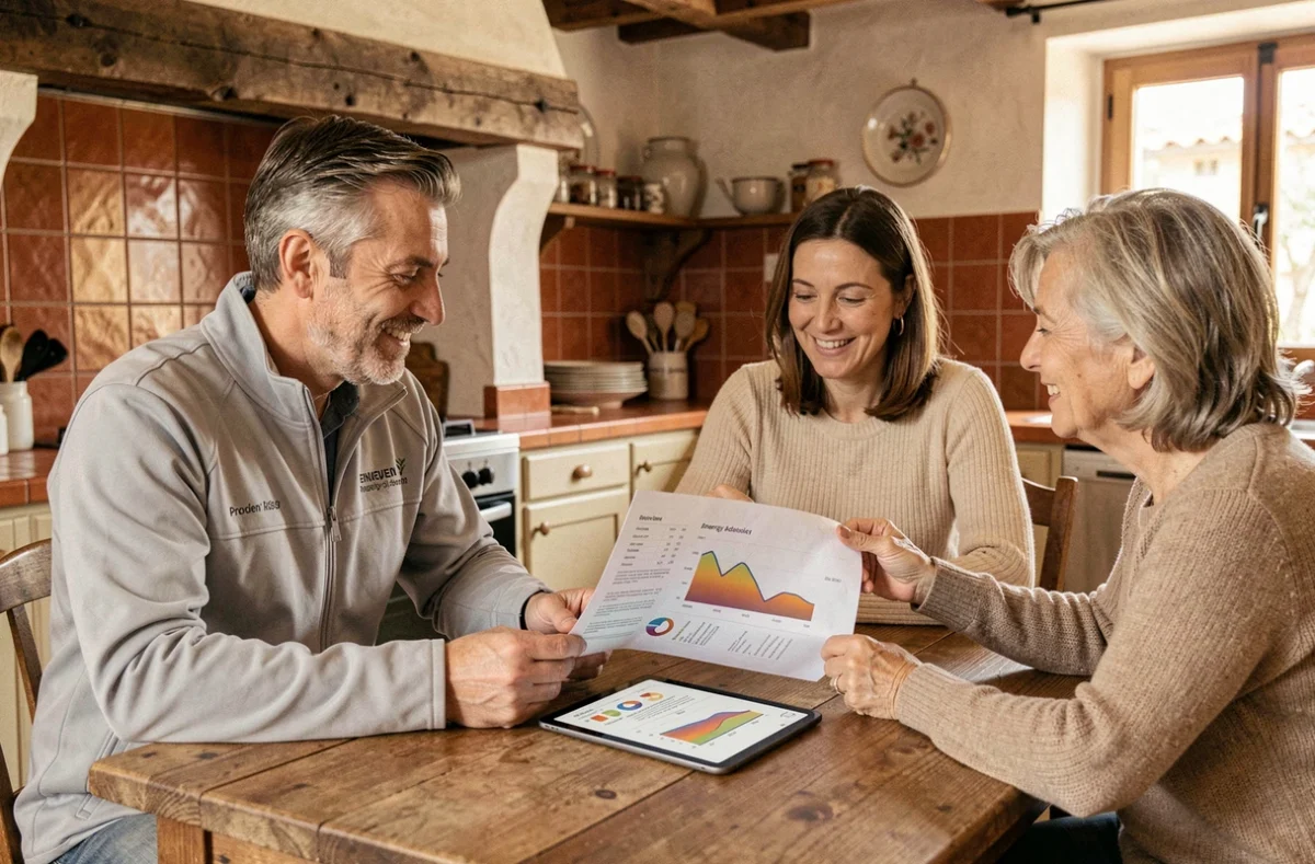 Conseiller Hellio Vaucluse présentant un audit énergétique à un couple de propriétaires provençaux