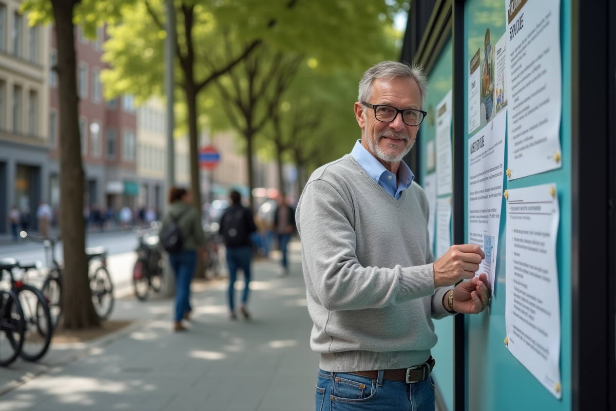 Homme accrochant une affiche de cours près d un panneau urbain