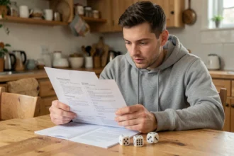 Homme lisant les règles du 421 sur un document PDF imprimé posé sur une table en bois avec des dés