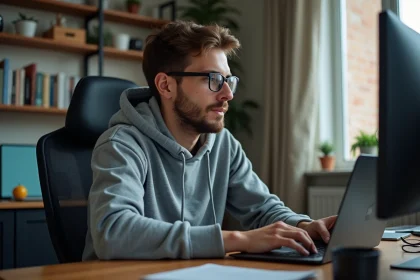 Homme en hoodie travaillant sur son ordinateur dans un bureau