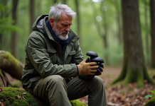 Guide du champignon charbonnier : préceptes pour une cueillette réussie Homme en veste de randonnée examine des champignons noirs en forêt