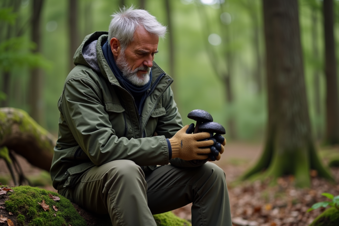 homme-champignons-mousse-foret Homme en veste de randonnée examine des champignons noirs en forêt