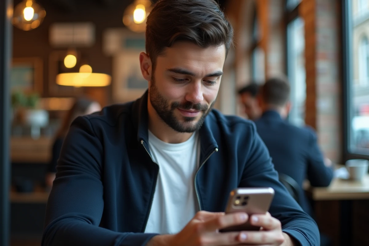 Homme consultant une application de chat sur smartphone dans un café public avec discrétion