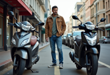 Comment le prix des motos 125 cm³ varie-t-il selon les marques et modèles ? Homme inspectant deux motos 125cc en concession urbaine